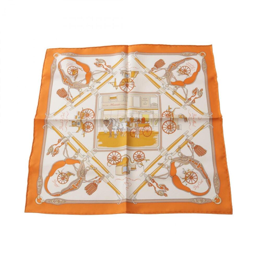 Hermes Petit Carré 40 Palonniers Scarf Muffler Silk Women's White Orange Mult...
